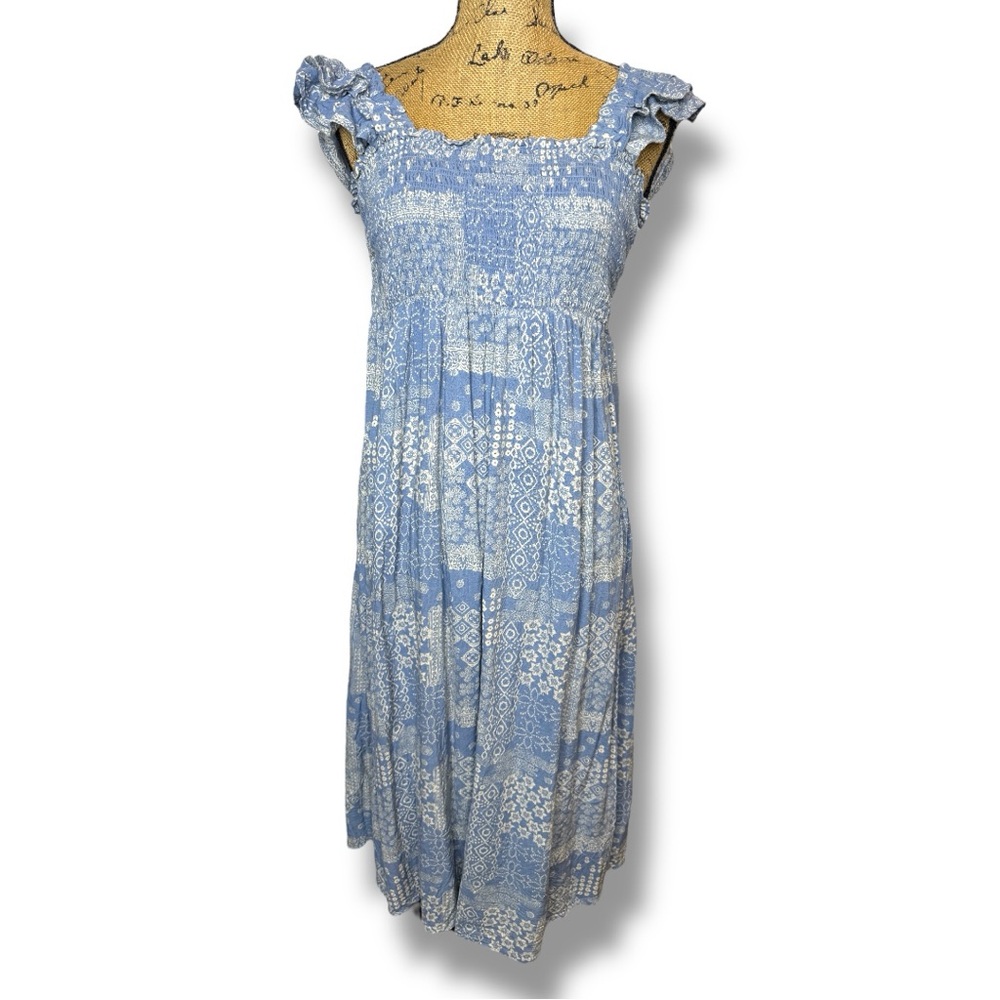 Sonoma Maternity Size M Blue White Paisley Smocked Midi Ruffle Sleeve Dress $60